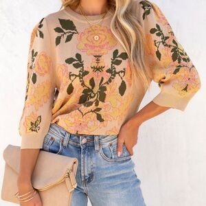 Grateful Vines Floral Knit Puff Sleeve Sweater Top